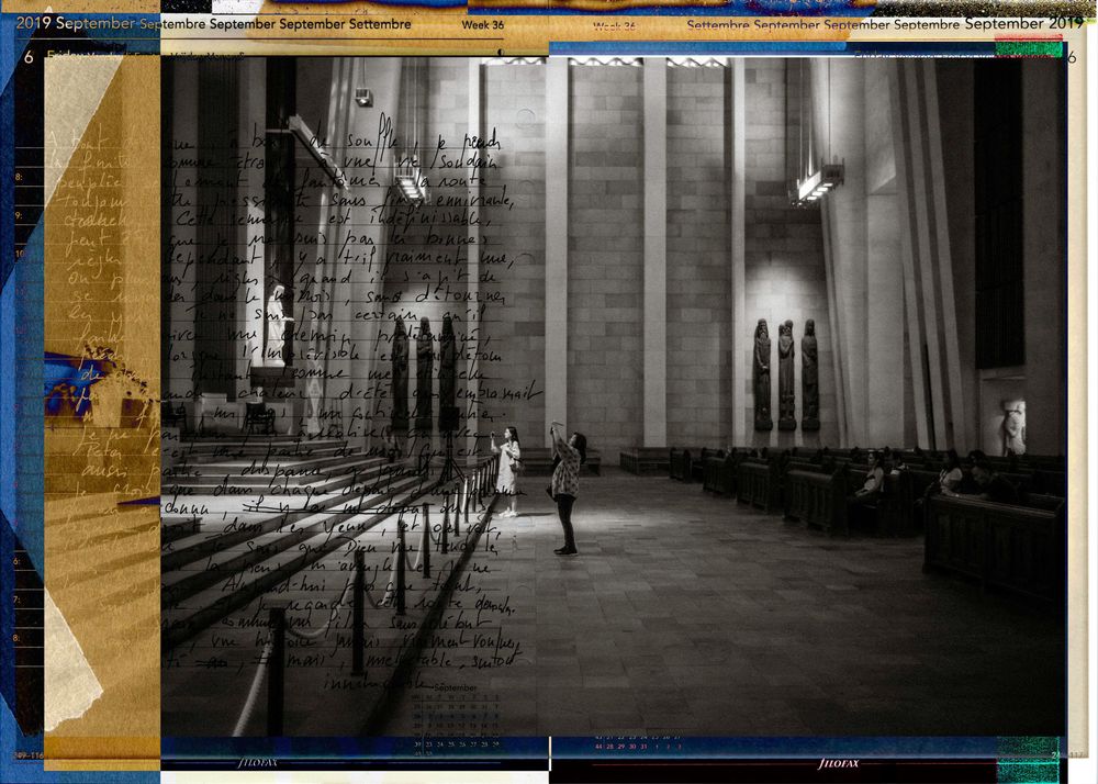 A dramatic black and white cathedral interior with towering columns, overlaid with golden geometric shapes and text elements.