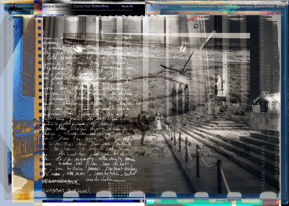 Abstract double exposure photo blending handwritten text with architectural steps and building facade.