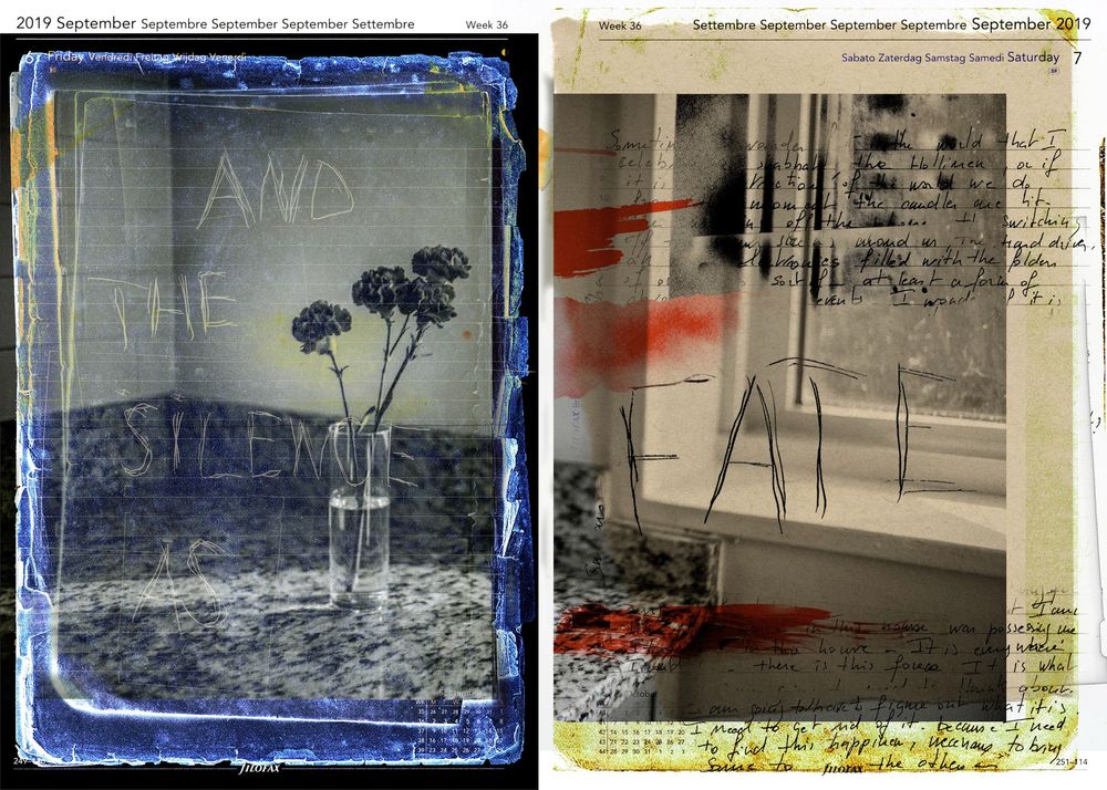 Two artistic September journal pages featuring floral photography with blue tones and handwritten notes with red ink accents.