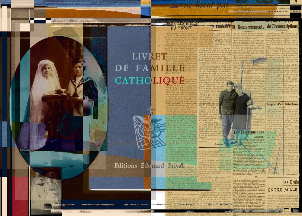 Vintage collage art featuring a Catholic family booklet with old photographs and newspaper clippings in muted tones.