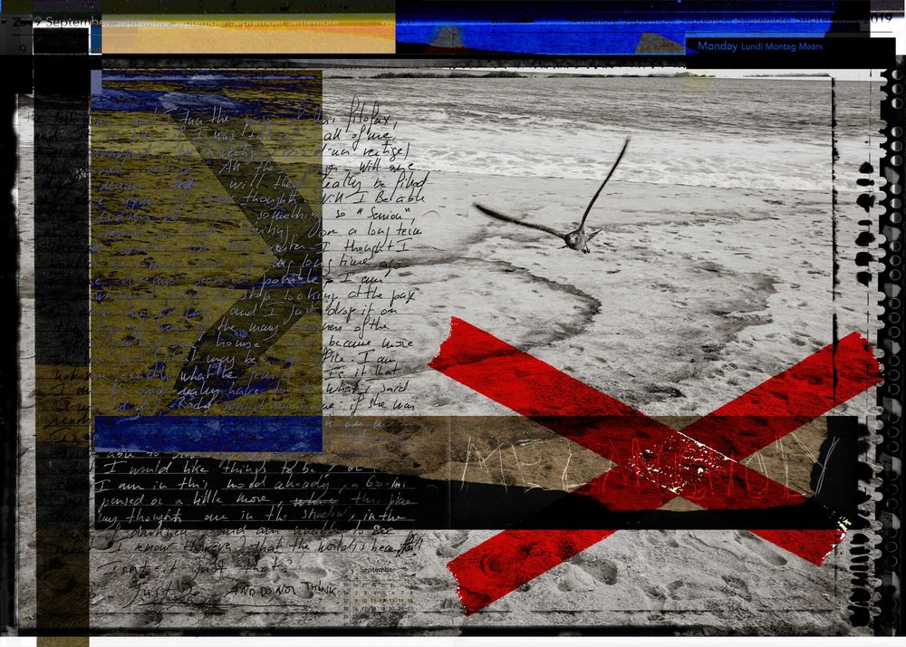 Abstract mixed media collage with a beach landscape, red X mark, blue stripe, and handwritten text overlay.