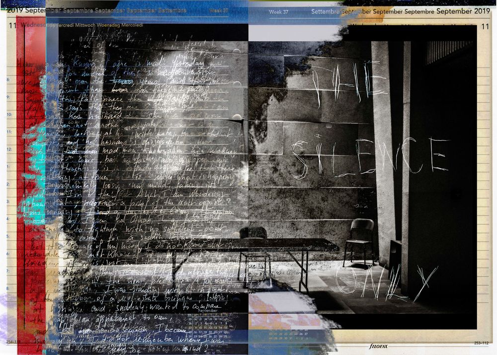 Abstract mixed media artwork featuring handwritten text on dark wall with table, chairs, and colorful border elements.