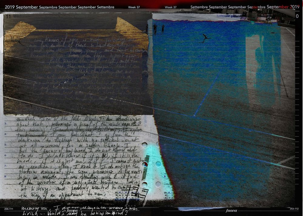 Handwritten journal pages overlaid on blue abstract background, September 2019 weekly diary collage artwork.