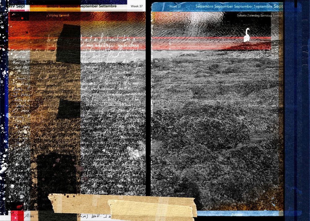 Abstract mixed media collage with handwritten text, dark landscape, and a lone figure against a dramatic sky.