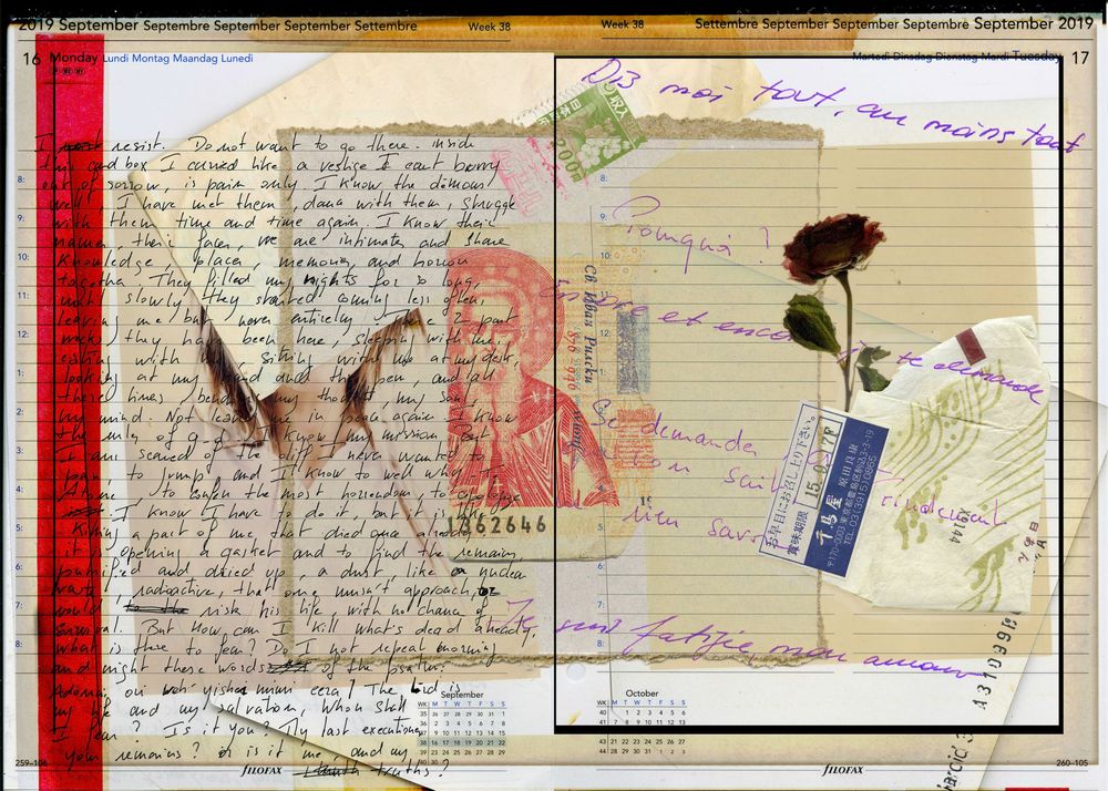Vintage collage artwork featuring handwritten letters, postage stamps, a dried rose, and aged paper ephemera on calendar pages.