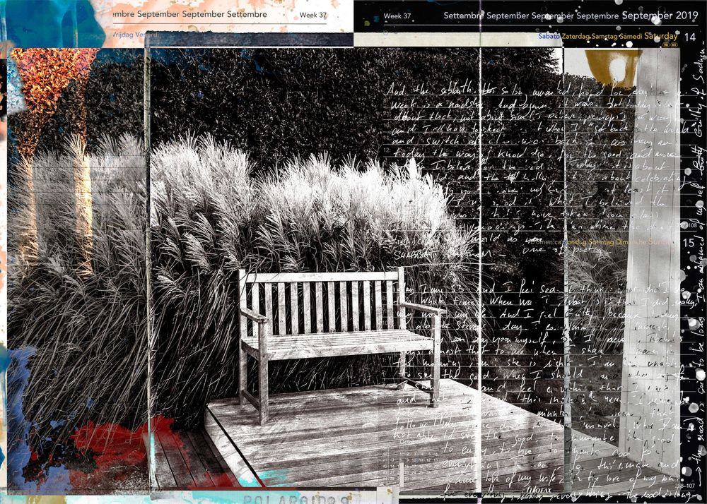 A collage artwork featuring a wooden bench surrounded by ornamental grasses, overlaid with handwritten text and calendar elements.