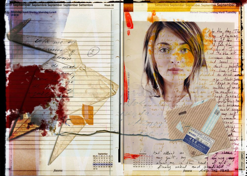 Mixed media art journal spread featuring a young woman portrait, handwritten notes, origami star, and red paint splatters.