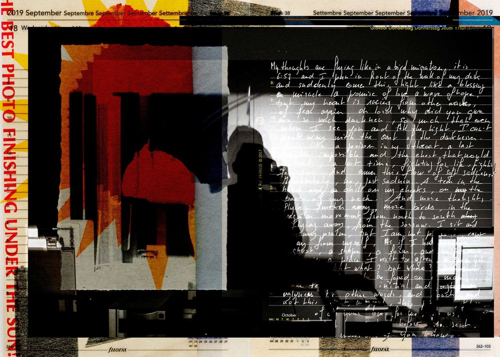 Abstract collage artwork combining handwritten text, geometric shapes, and photographic elements in red, black, and yellow tones.