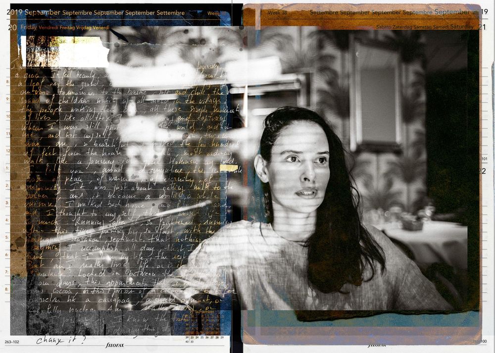 A double-exposed photo of a woman with long dark hair overlaid with handwritten text, creating an artistic layered effect.