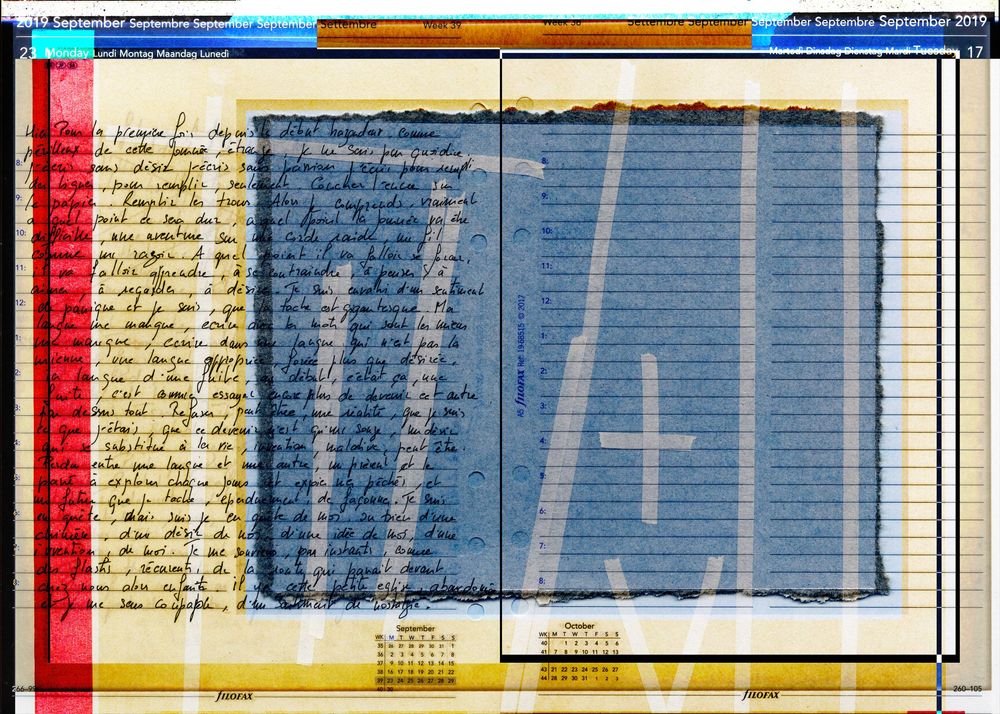 Abstract mixed media artwork combining handwritten journal pages with blue geometric overlays on calendar paper.