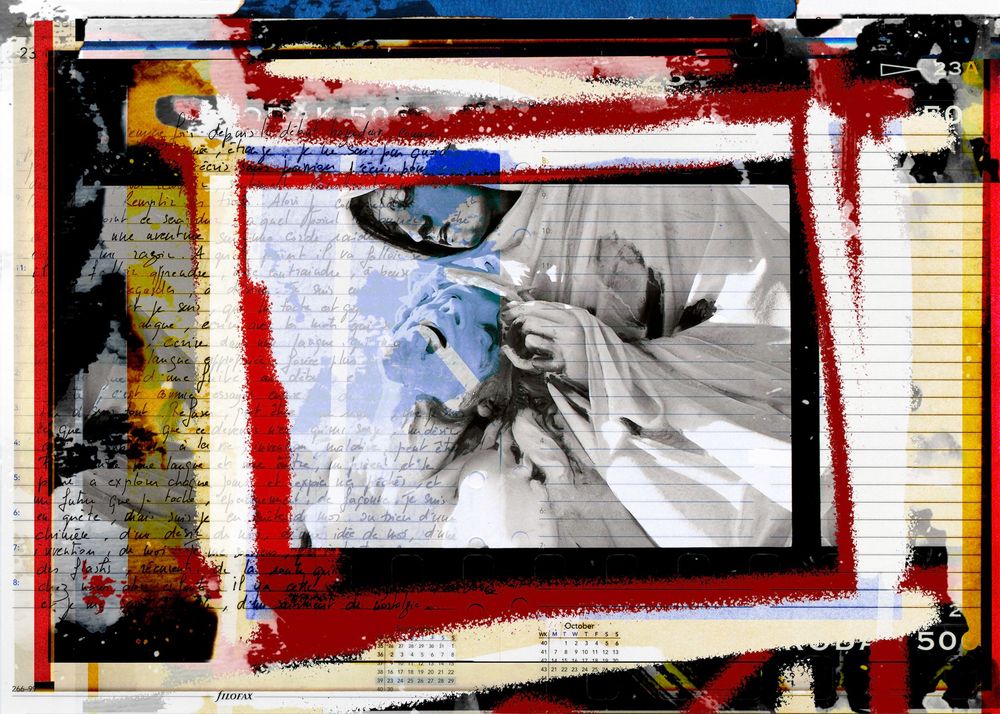 Mixed media collage art featuring black and white photo overlaid with red brush strokes and handwritten text.