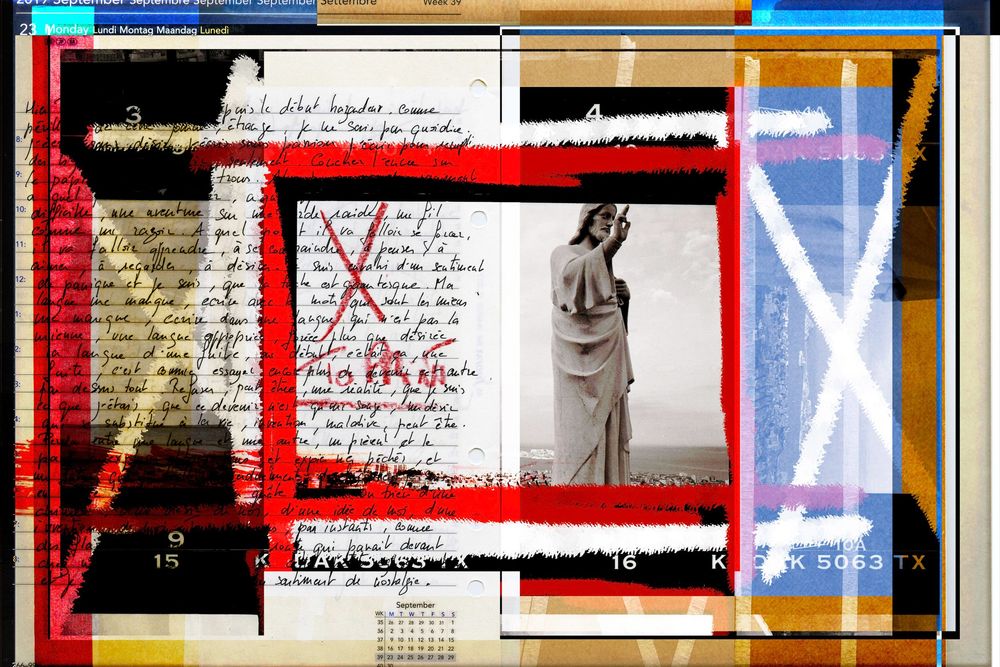 Collage artwork featuring handwritten letters, vintage photo of woman, red X marks, and overlapping document fragments.