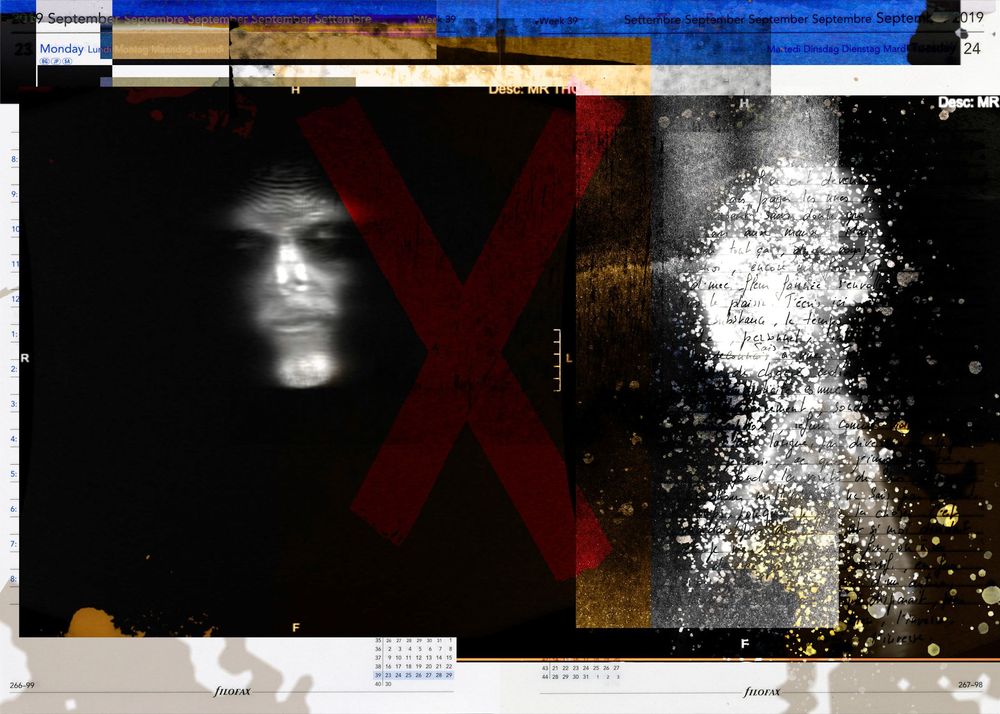 Dark artistic collage featuring a shadowy face, red X symbol, and abstract light textures on black background.