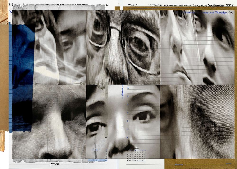 A collage of close-up black and white portrait fragments showing eyes, noses, and faces arranged in a grid on lined paper.