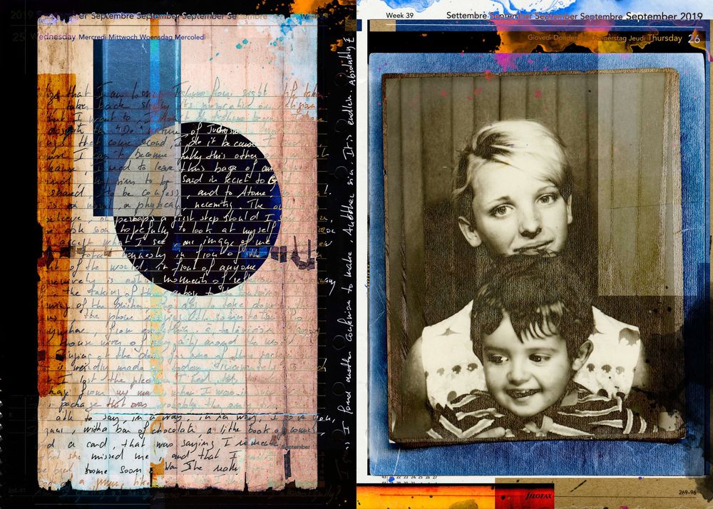 Collage artwork with handwritten text and geometric shapes beside a vintage black and white photo of two young children.