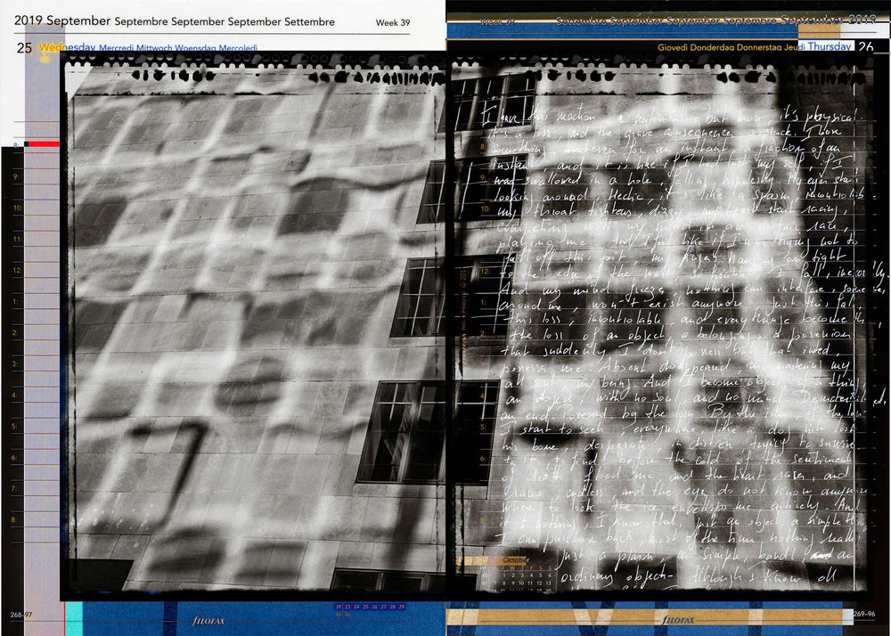A split-image collage showing architectural facades with handwritten text overlays in black and white tones.