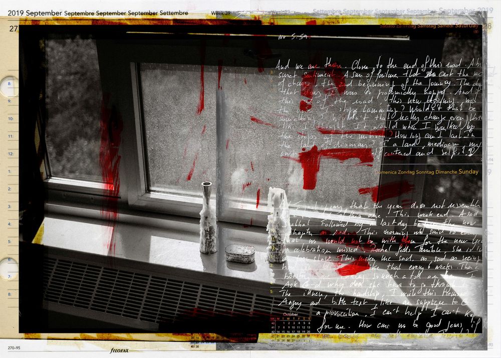 Mixed media artwork with red paint splashes on a window photograph overlaid with handwritten text on yellow paper.