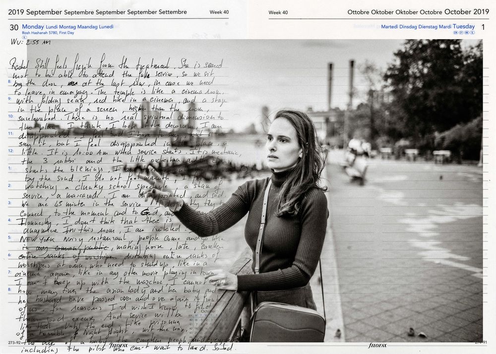 A woman leans on a railing outdoors, overlaid with handwritten text on a 2019 calendar page.