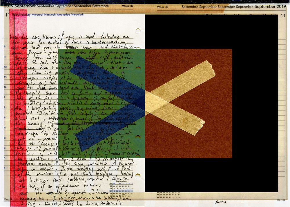 Abstract mixed media collage with handwritten text, geometric shapes in blue, green, red, and gold on a calendar page.