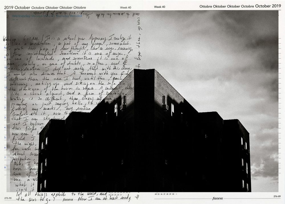 Black and white photo collage of urban building silhouette overlaid with handwritten text on aged paper, dated October 2019.