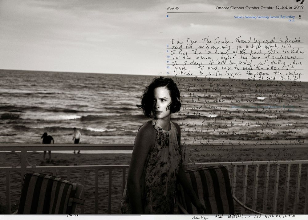 Black and white photo of a person on a boardwalk beach with a handwritten letter overlay on aged paper.