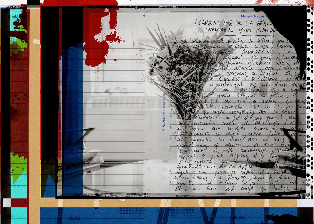 Abstract mixed media collage with handwritten text, botanical sketch, red paint splashes, and blue geometric shapes.