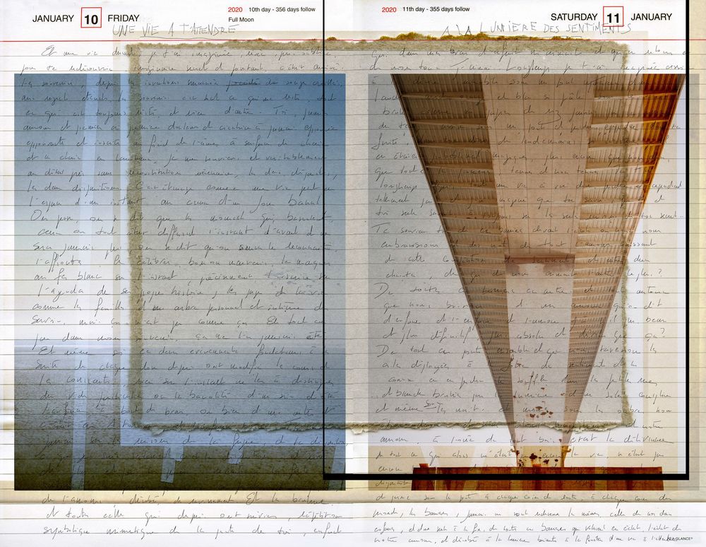 Double exposure art combining handwritten letter manuscript with architectural bridge structure on calendar pages.