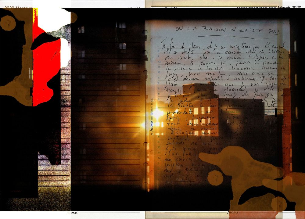 Collage artwork blending urban building at sunset with handwritten text overlay and abstract silhouettes.