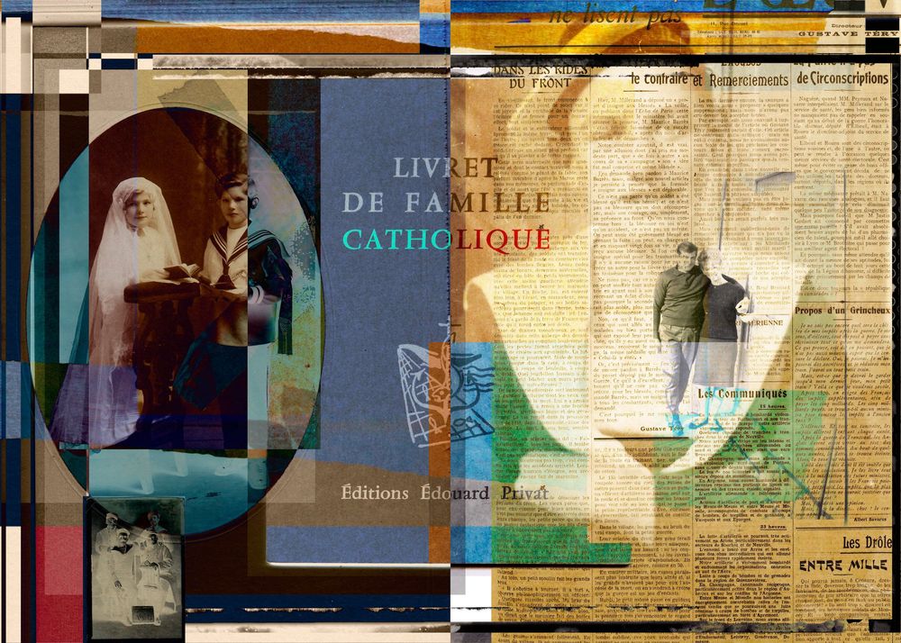 Vintage collage art featuring Catholic family booklet, sepia portraits, and mixed media elements in muted tones.
