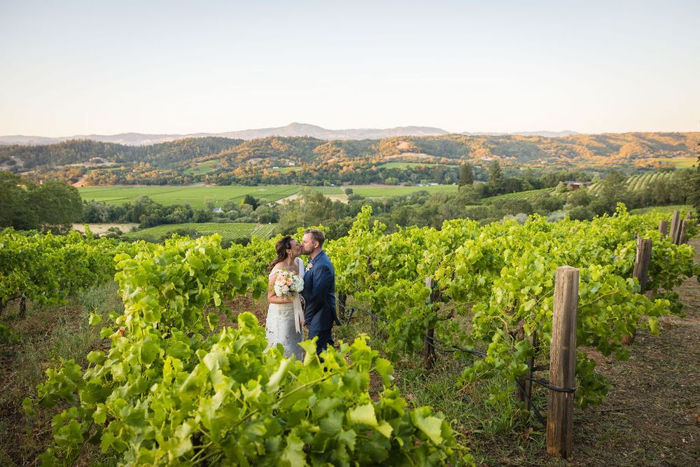 Bride and groom kissing in lush vineyard at golden hour with rolling hills in background.