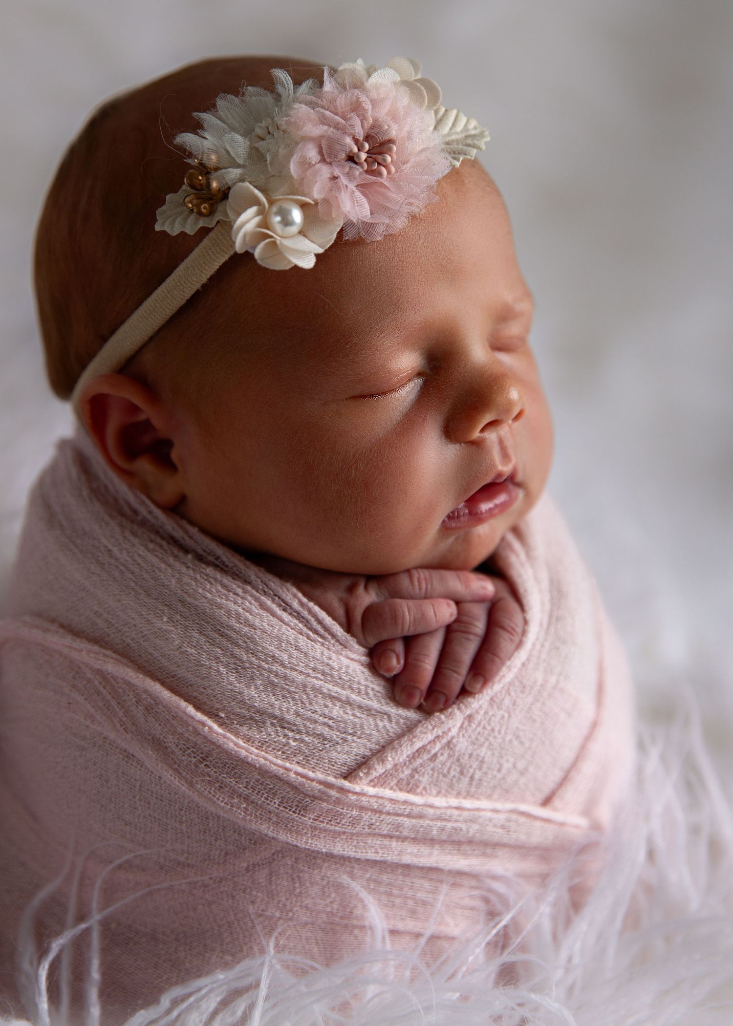 Professional newborn portrait of swaddled sleeping baby with soft natural fabrics and classic props