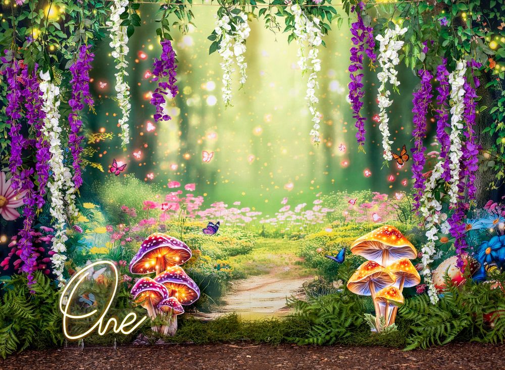 Enchanted forest path with vibrant purple flowers, glowing mushrooms, and magical sunlit atmosphere through trees.