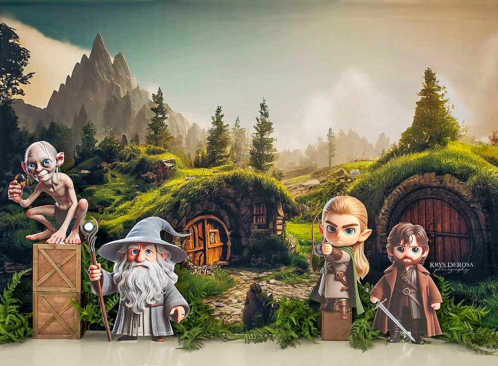 A series of fantasy-themed illustrations showing miniature characters in a magical landscape with mountains and forests for a custom cake.