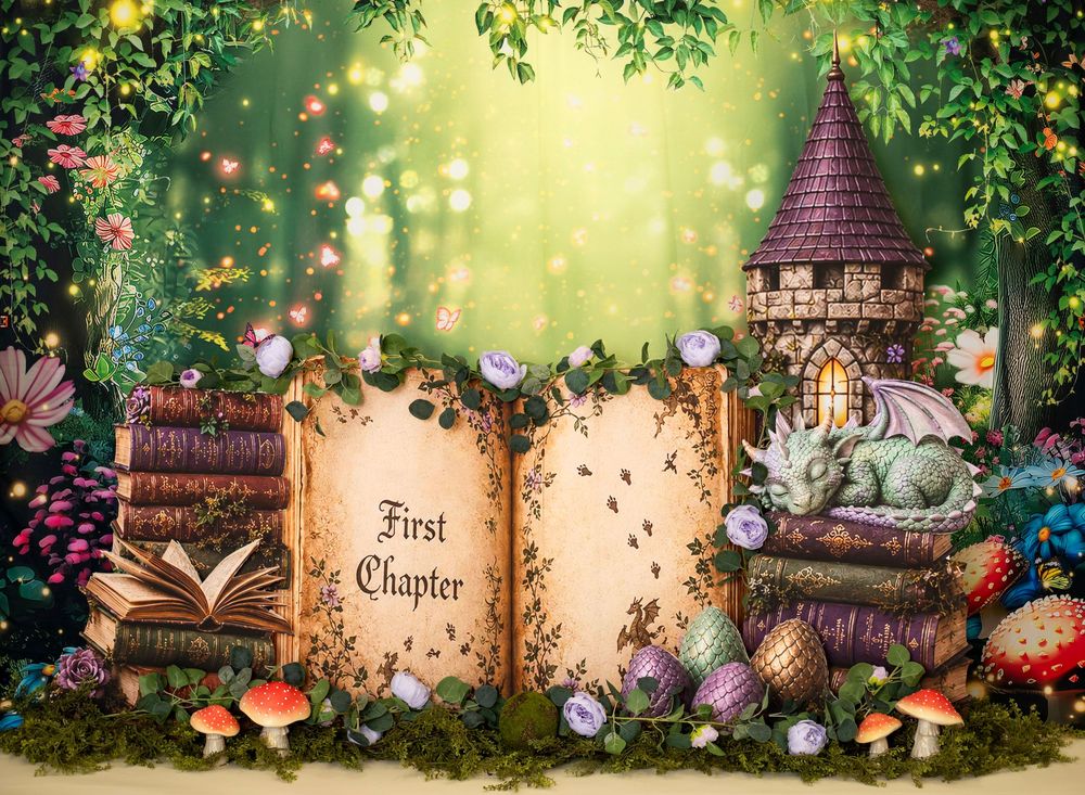 Enchanted fairy tale backdrop with open storybook, fantasy castle, dragon, colorful mushrooms, and magical forest setting.