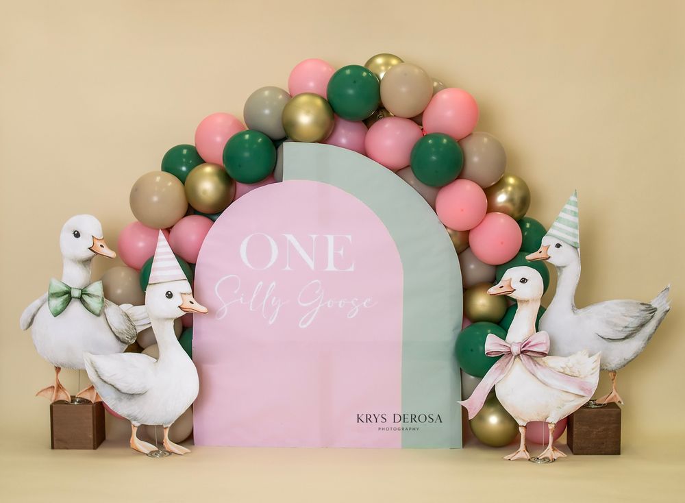 A first birthday backdrop with pink arch, balloon garland, and decorative ducks wearing party hats for a \"One Silly Goose\" theme.