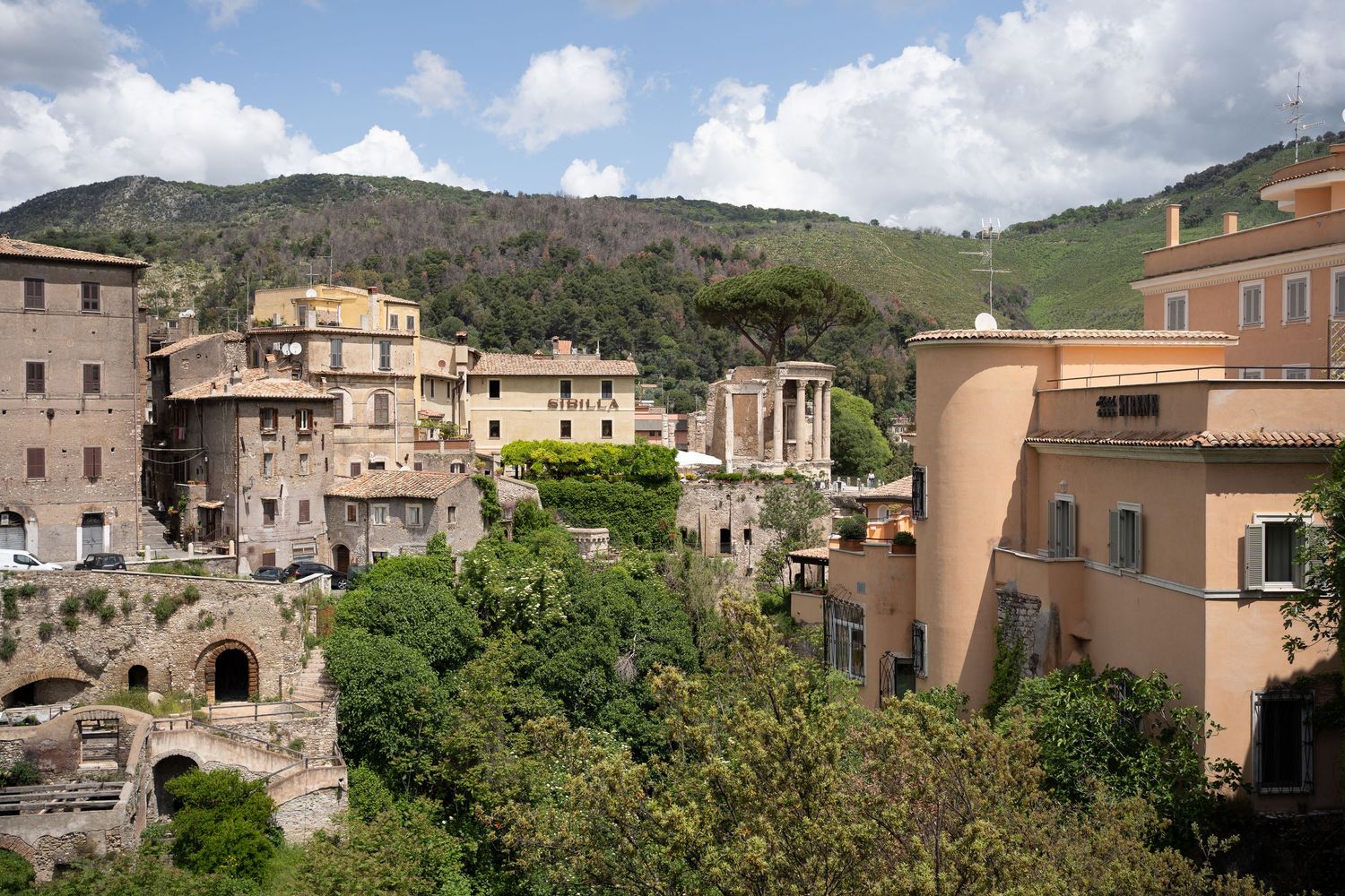 A scenic panoramic view of colorful Italian hillside buildings nestled among green mountains under a cloudy sky.
