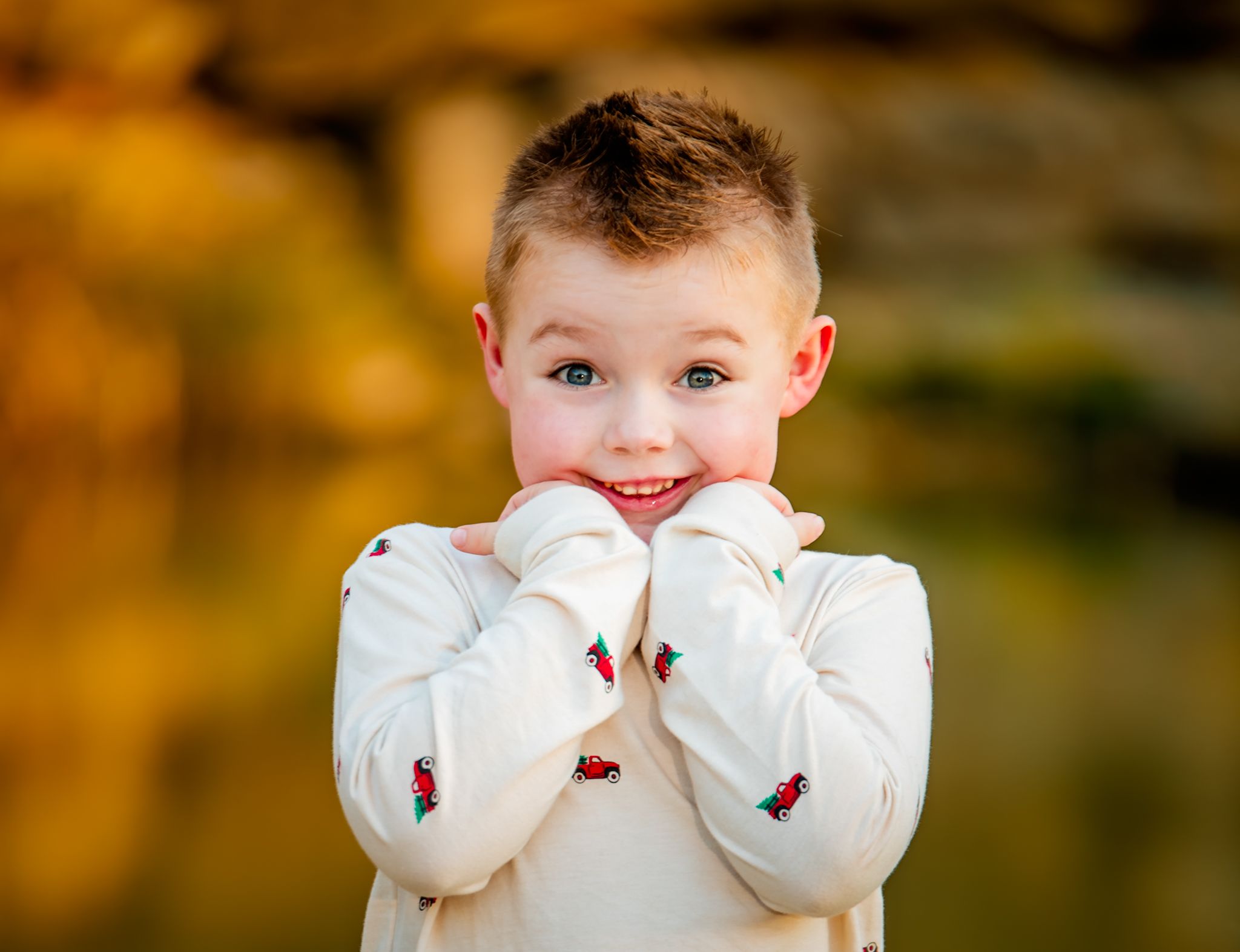 A sequence of five similar photos showing someone in a white sweater covering their mouth with both hands.
