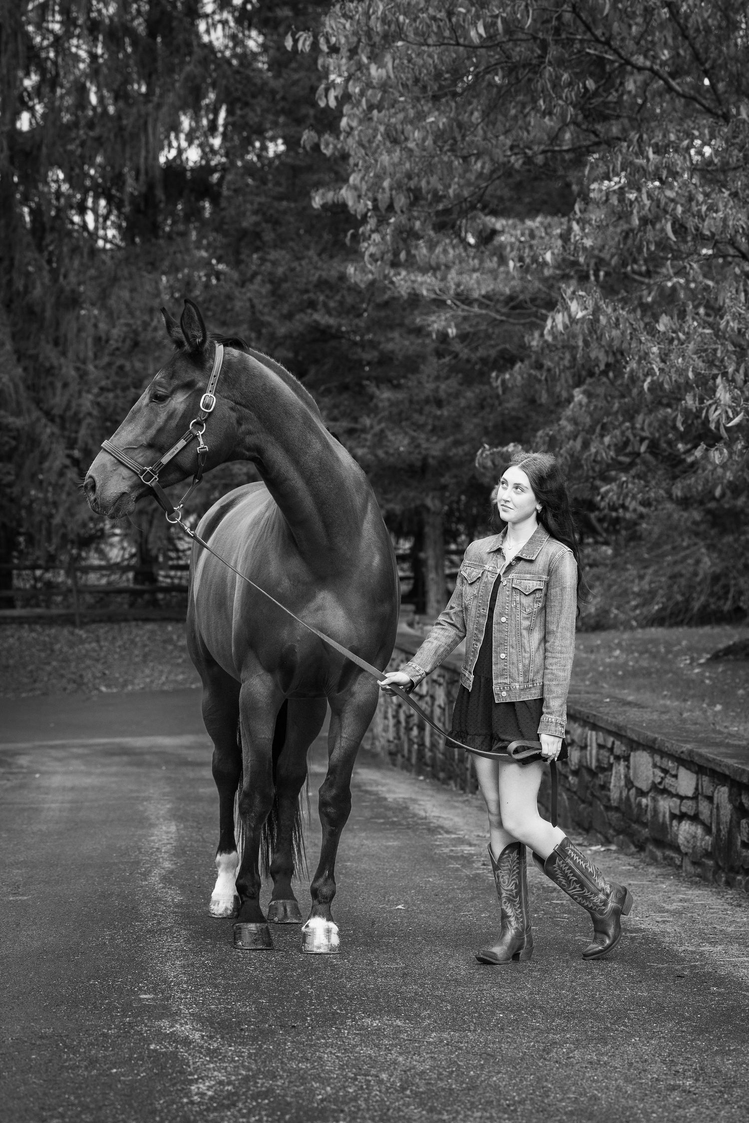 Young woman in cowboy boots and denim jacket leads a dark horse down a tree-lined path in black and white.