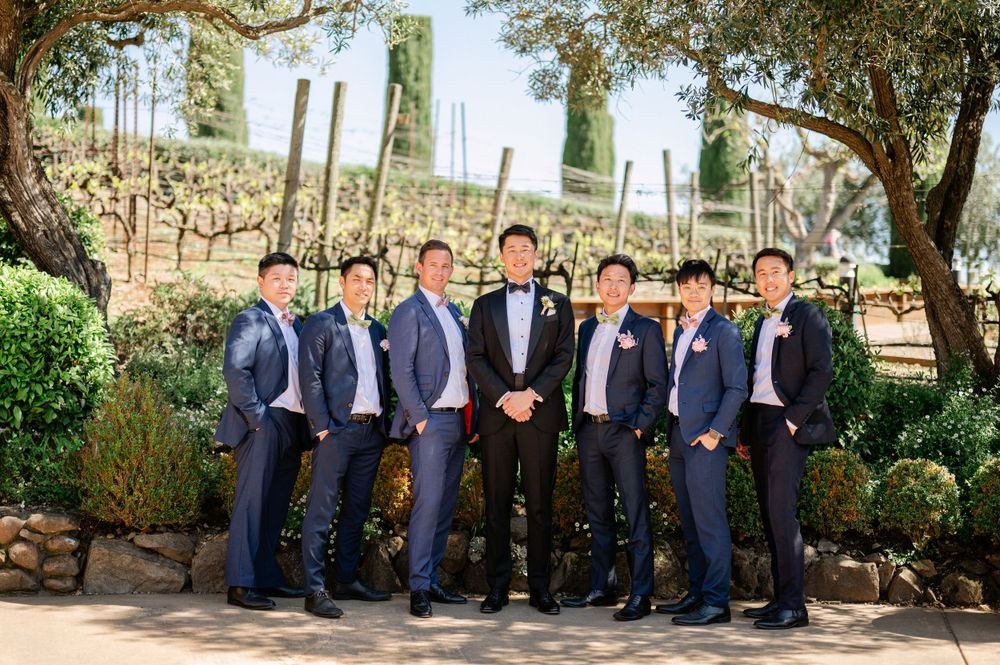 Groomsmen in matching suits pose together in a vineyard setting.
