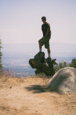 A young man in black shirt and shorts stands atop a gnarled tree stump on a hilltop with a vast valley view.