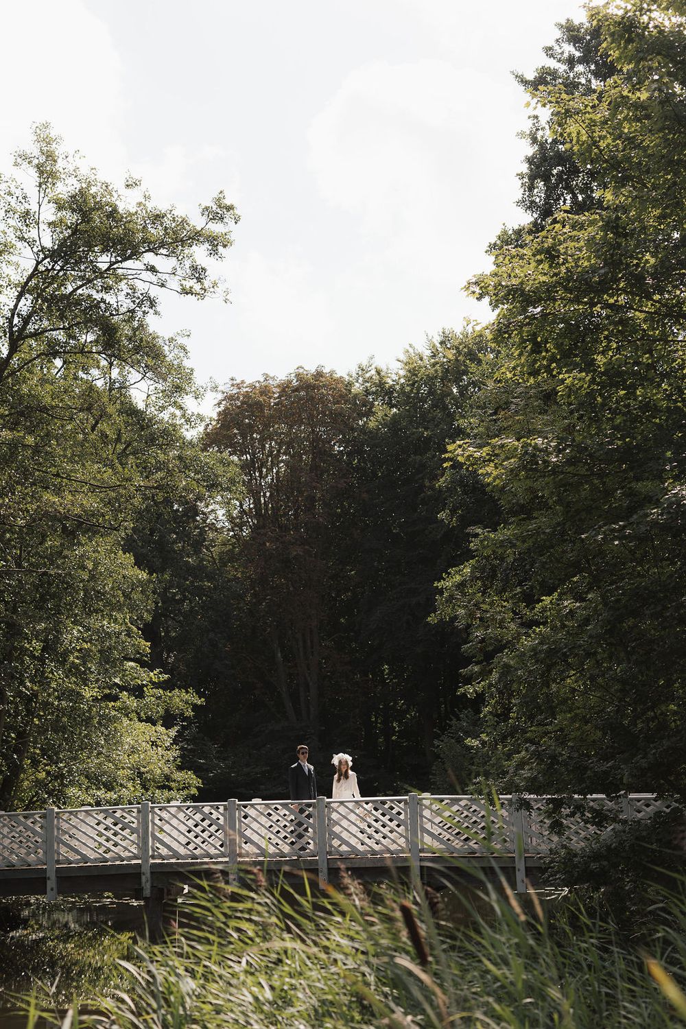 A scenic wooden bridge spans across a pond surrounded by lush green trees and tall grasses in a peaceful garden setting.