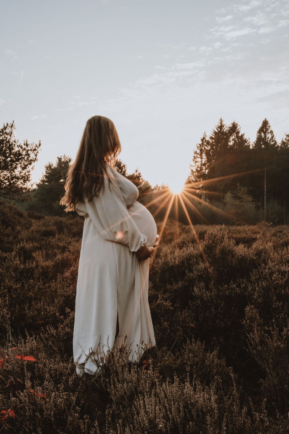 Pregnant woman in white dress stands in heathland at golden sunset with sun star through trees.
