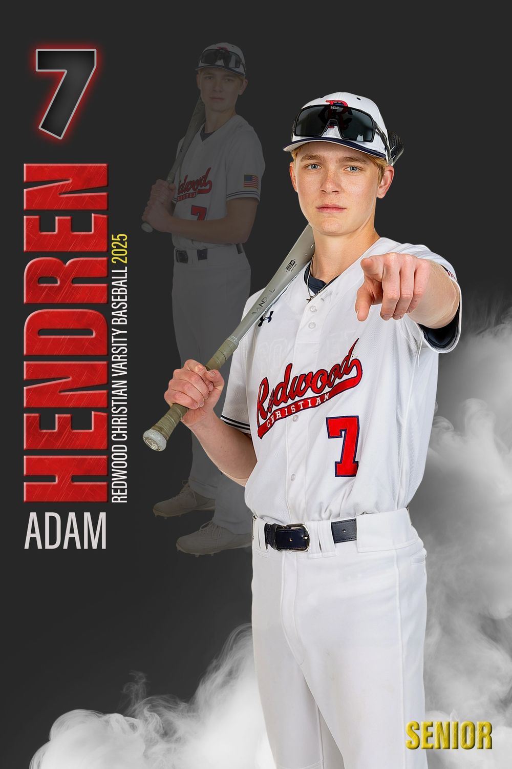 Baseball player in white uniform pointing forward against dark background with number 7.