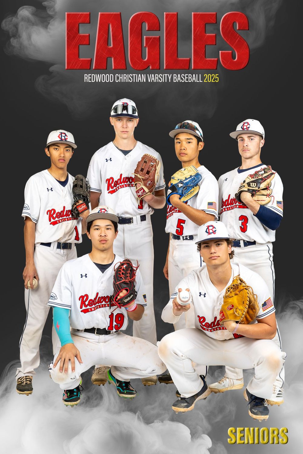 Baseball team photo featuring six players in white uniforms posing with gloves.
