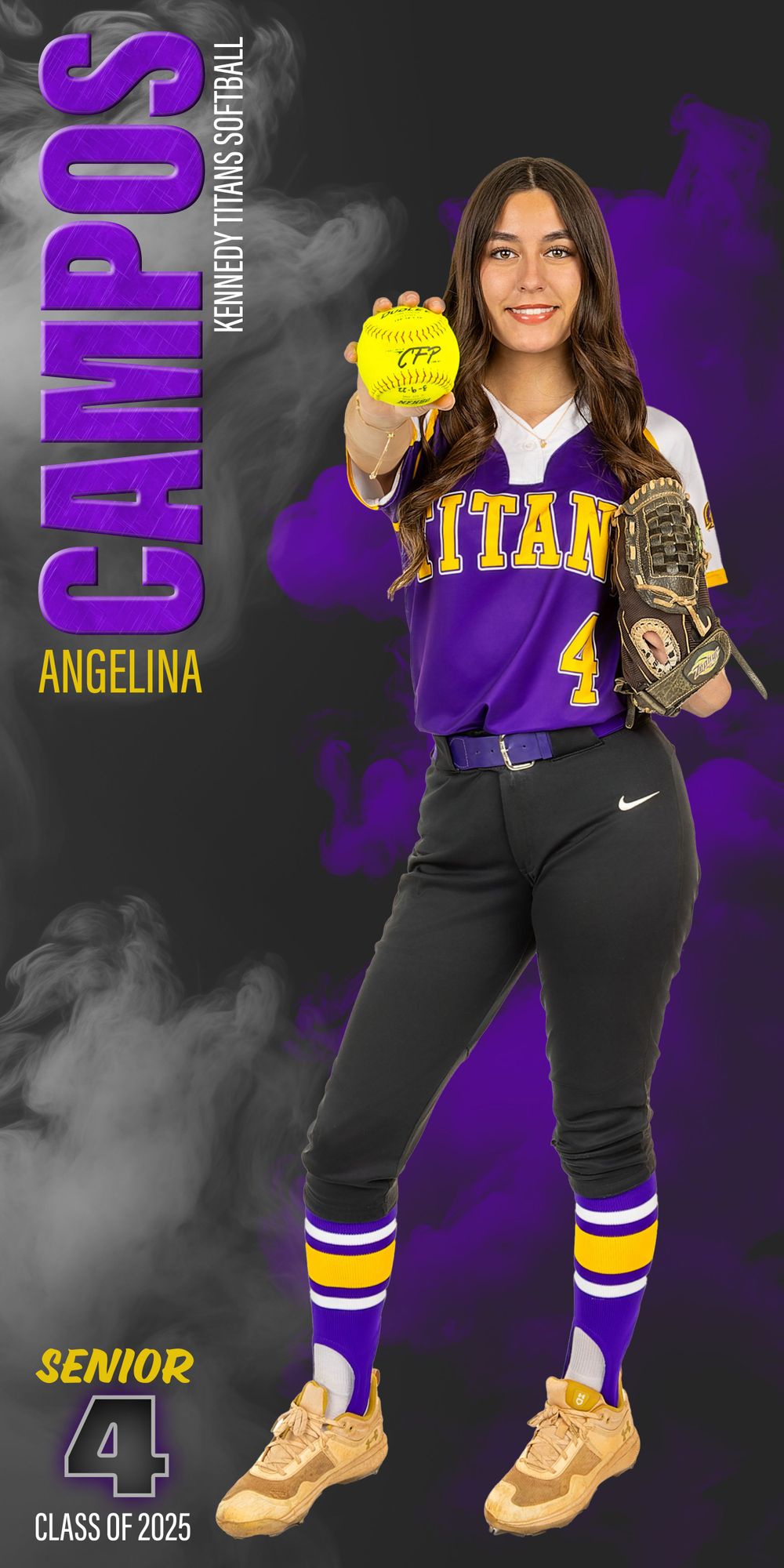 Softball player in purple and yellow uniform holds glove and ball against purple backdrop.