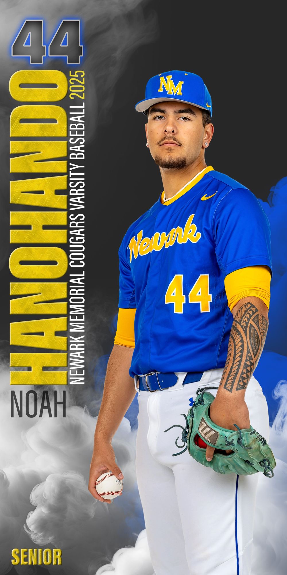 Baseball player in blue Newark uniform number 44 poses for team photo with dramatic smoke effect.