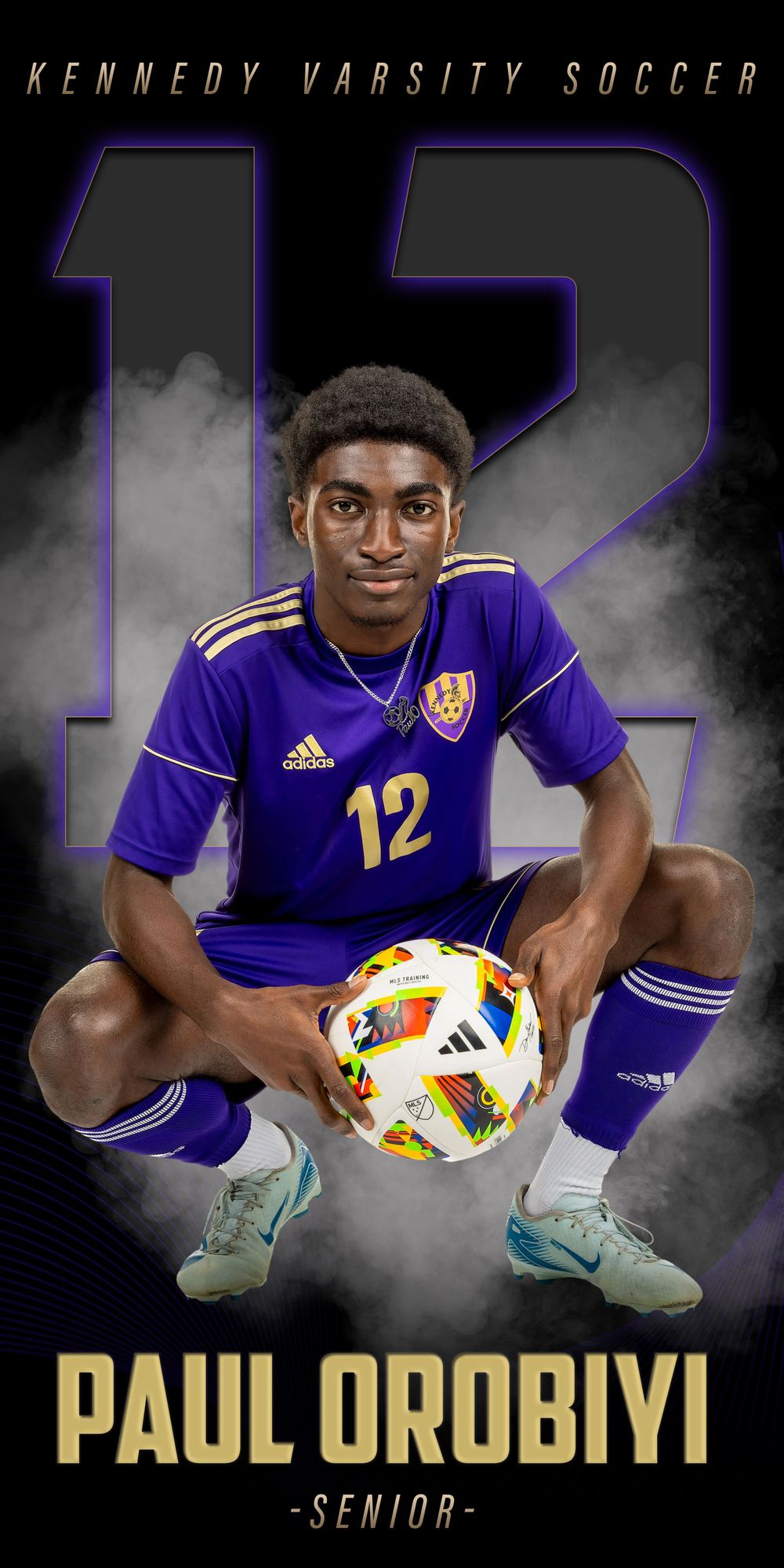 Kennedy varsity soccer player wearing purple jersey number 12 poses with soccer ball against dark background.