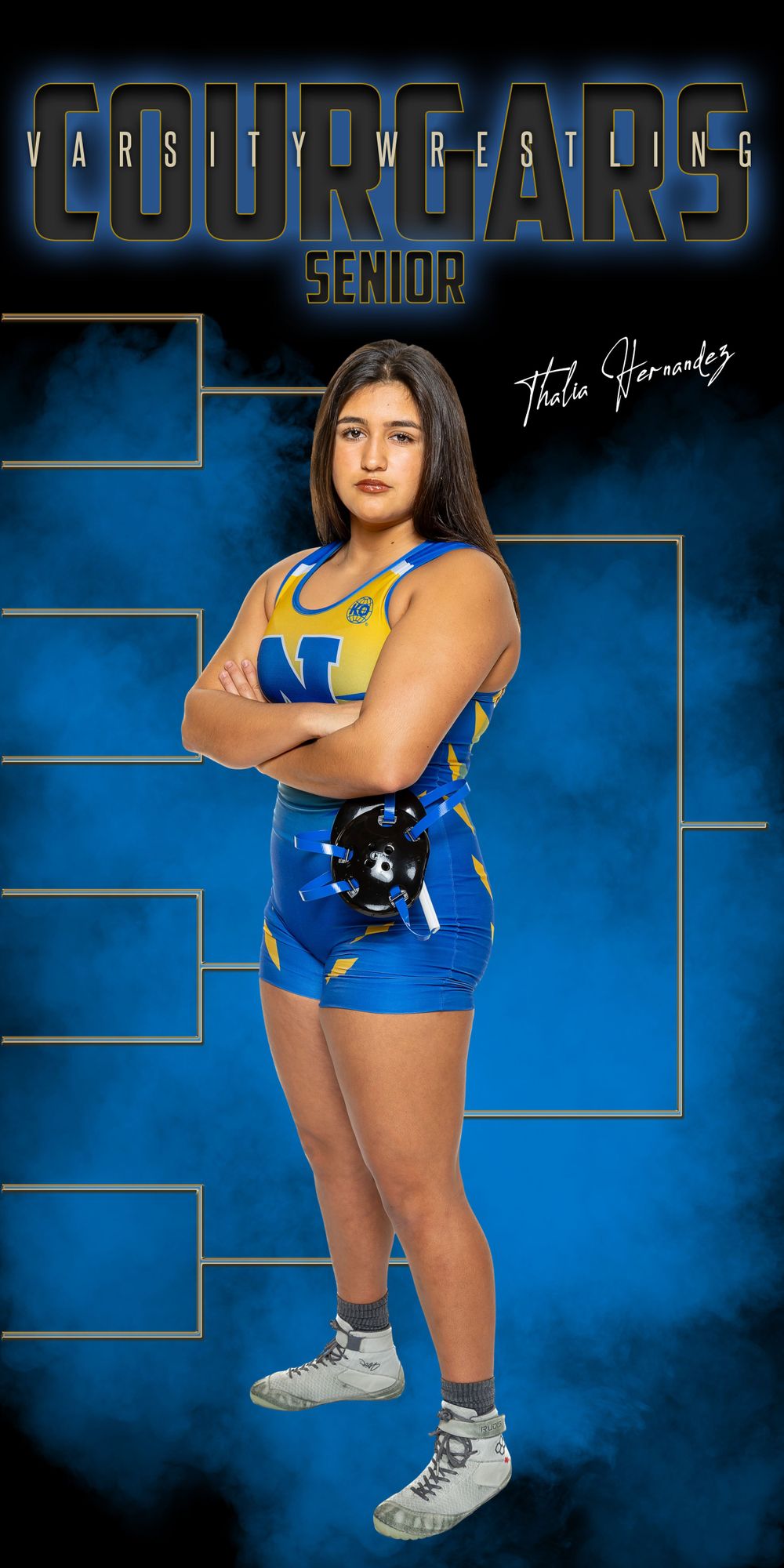 High school wrestler in blue uniform stands confidently against tournament bracket background.
