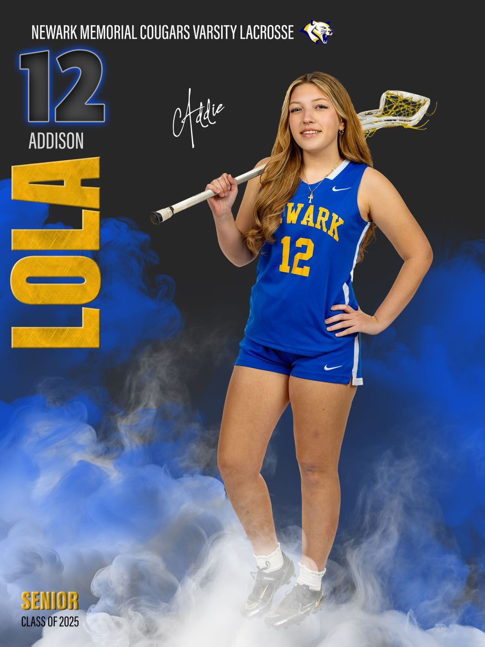 High school lacrosse player in blue Newark uniform posing with stick against smoky background.