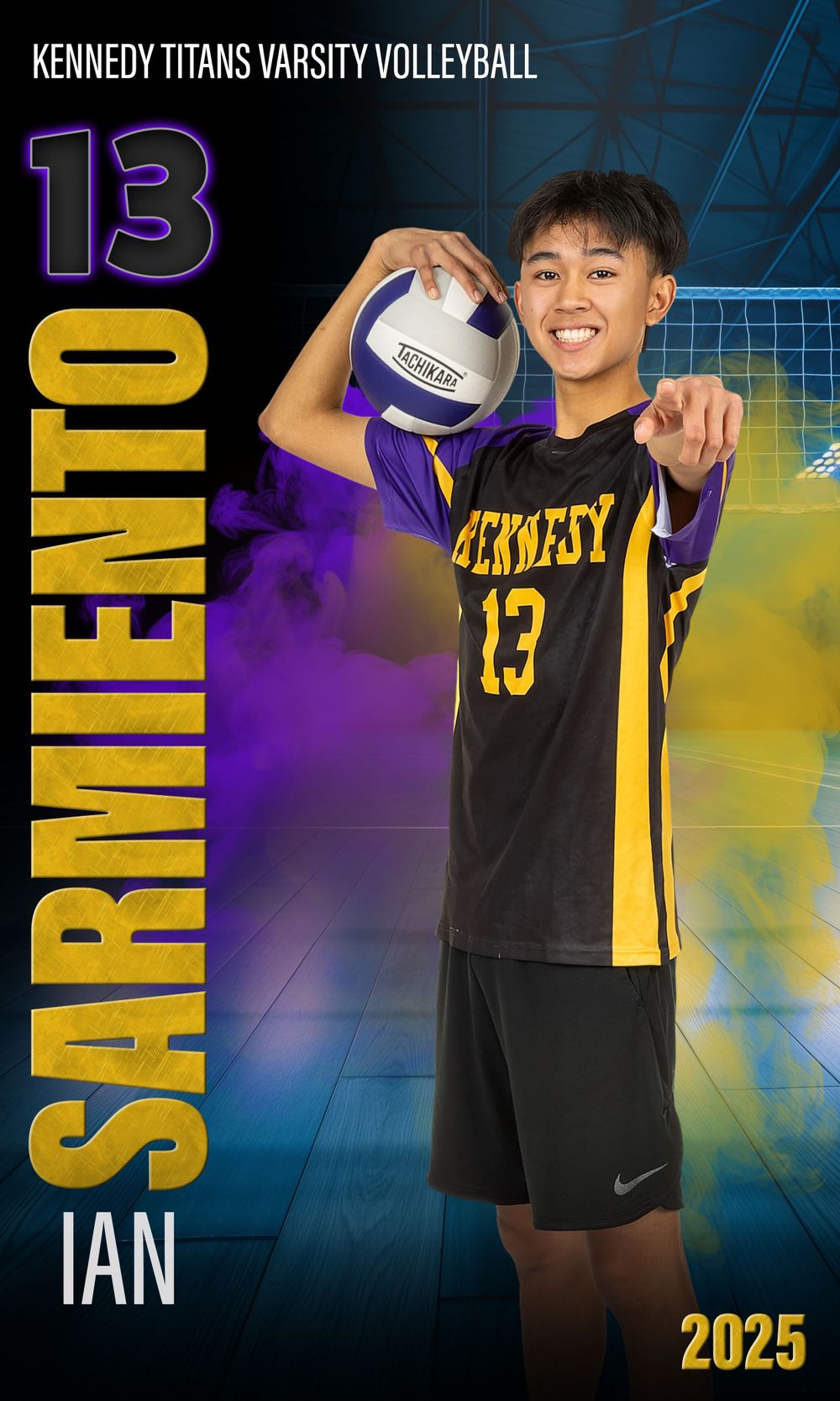 High school volleyball player in yellow and black Kennedy Titans uniform holding ball.